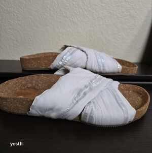 Figue criss cross cork fabric sandals slides silver white 6